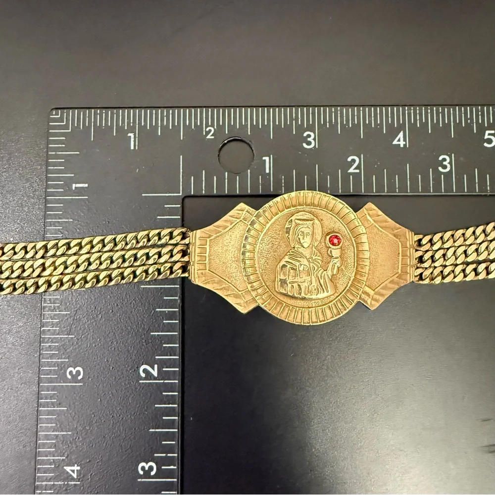 Vintage Saint Barbara Medallion Gold Triple Cuban Link Chain Religious Bracelet - Picture 8 of 16